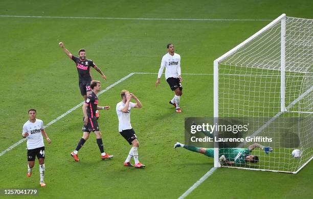 Matthew Clarke of Derby County scores an own goal which leads to Leeds United third goal of the game during the Sky Bet Championship match between...