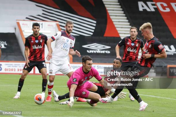 Sam Surridge of Bournemouth scores a goal to make it 1-1 but his goal is ruled out for offside during the Premier League match between AFC...