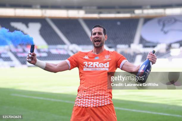 Kiko Casilla of Leeds United celebrates after the Sky Bet Championship match between Derby County and Leeds United at Pride Park Stadium on July 19,...
