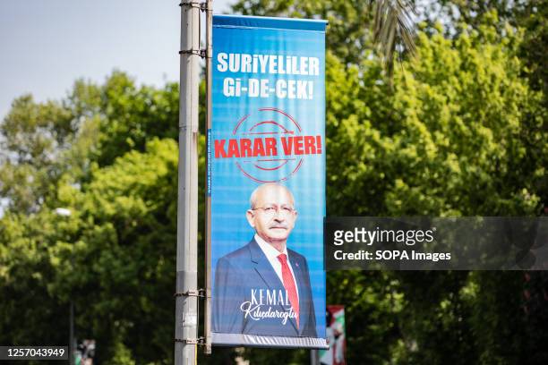 Banner that reads "Syrians will leave" by Turkish opposition candidate Kemal Kilicadaroglu hangs on Vantan Street in Aksaray, Fatih, Istanbul,...