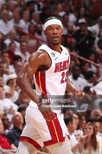 Jimmy Butler of the Miami Heat looks on during Round 3 Game 3 of the Eastern Conference Finals 2023 NBA Playoffs against the Boston Celtics on May...