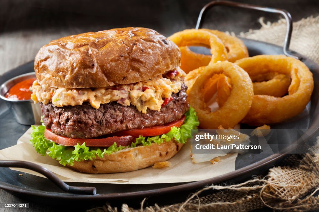 Pimento Cheese Burger with Lettuce, Tomato and Thick Cut Onion Rings