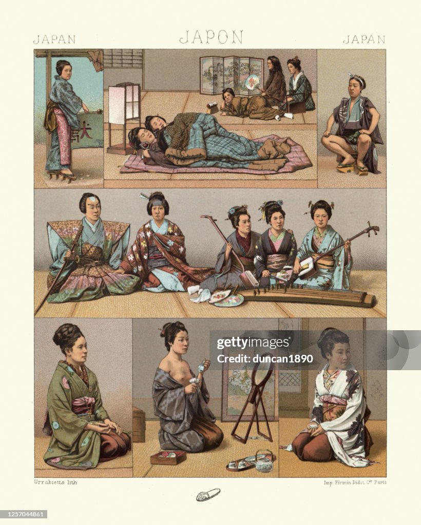 Traditional japanese, Sleeping mats, Samurai with traditional musicians, woman getting dressed