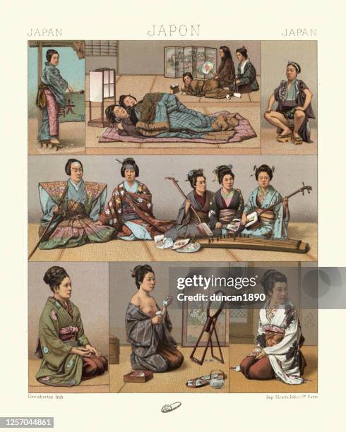 傳統的日本,睡墊,武士與傳統音樂家,女人穿好衣服。 - shamisen 幅插畫檔、美工圖案、卡通及圖標