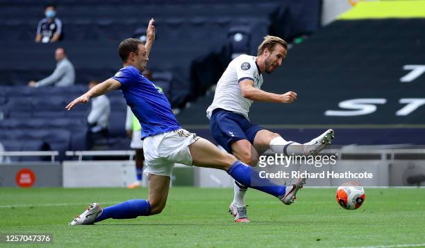 Harry Kane of Tottenham Hotspur scores his teams second goal during the Premier League match between Tottenham Hotspur and Leicester City at...