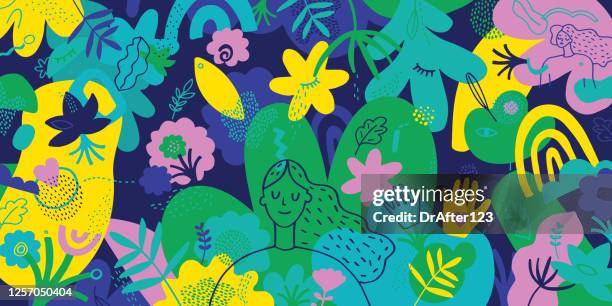 mindfulness vibrant illustration with hand drawn elements - peace love happiness stock illustrations