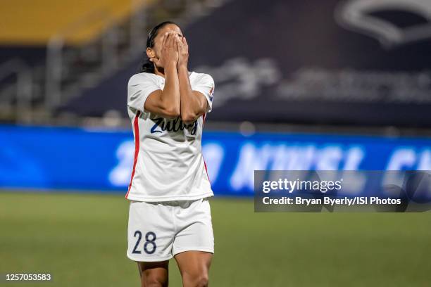 Shirley Cruz of OL Reign FC reacts to penalty kick during a game between Chicago Red Stars and OL Reign at Zions Bank Stadium on July 18, 2020 in...