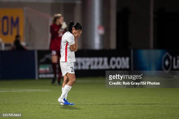 Shirley Cruz of OL Reign FC reacts to missing a penalty kick during a game between Chicago Red Stars and OL Reign at Zions Bank Stadium on July 18,...