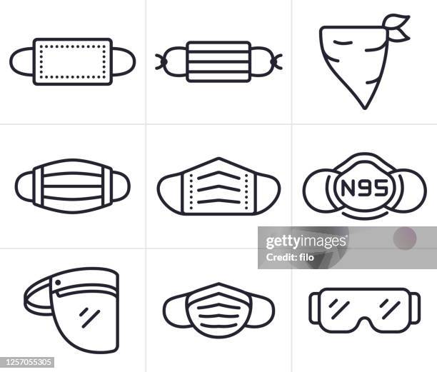 gesichtsmasken, abdeckungen und symbole für persönliche schutzausrüstungen der psa - mundschutz stock-grafiken, -clipart, -cartoons und -symbole