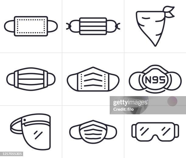 ilustraciones, imágenes clip art, dibujos animados e iconos de stock de máscaras faciales, revestimientos y epp símbolos e iconos de equipo de protección personal - n95 face mask