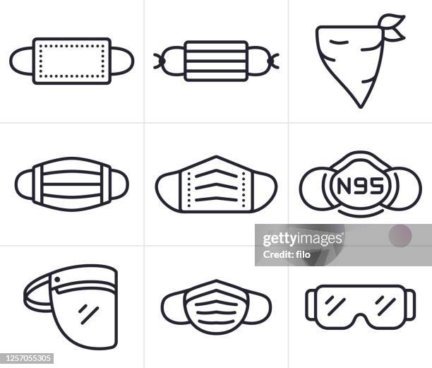 stockillustraties, clipart, cartoons en iconen met gezichtsmaskers, bekledingen en ppe-symbolen en pictogrammen voor persoonlijke beschermingsmiddelen - operatiemasker