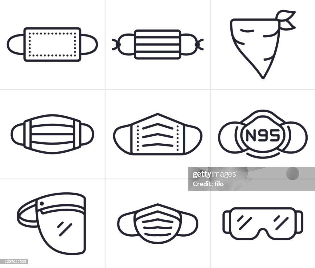 Face Masks, Coverings and PPE Personal Protective Equipment Symbols and Icons