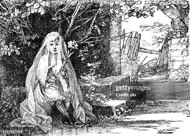 girld with bridal veil sitting in garden holding a lily in her hand - bride stock illustrations