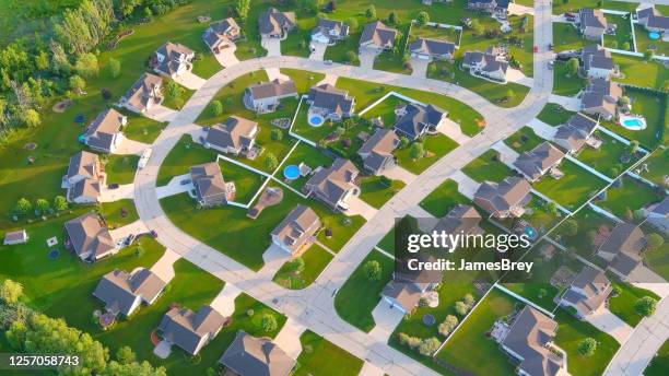 idyllic neighborhoods, beautiful homes, summertime aerial view - wisconsin house stock pictures, royalty-free photos & images
