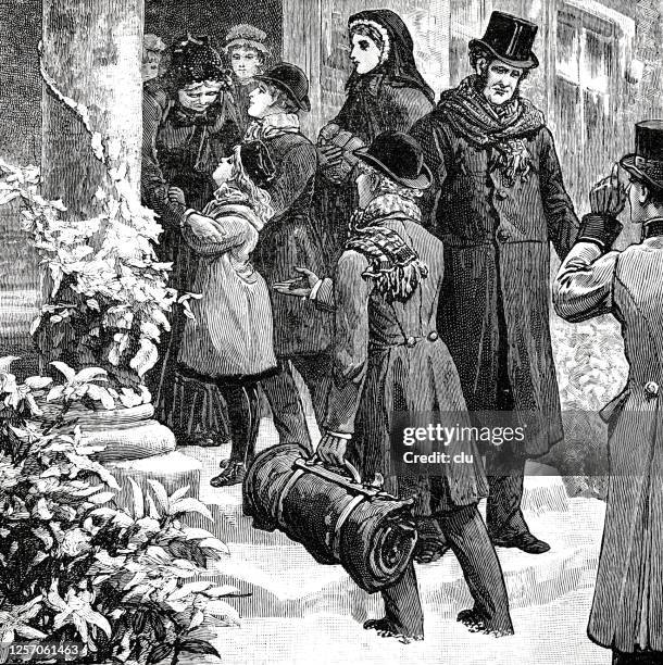 family arriving at the hall door - woman entering home stock illustrations