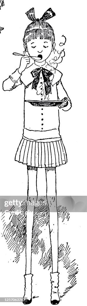 Girl with long legs eats soup