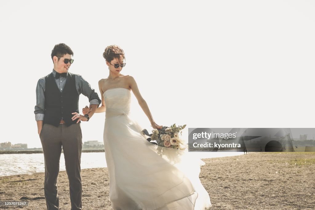 Beautiful bride and groom in Asia
