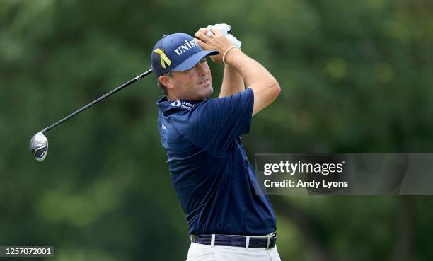 Ryan Palmer of the United States plays his shot from the first tee during the final round of The Memorial Tournament on July 19, 2020 at Muirfield...