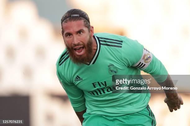 Sergio Ramos of Real Madrid celebrates his team's first goal during the Liga match between CD Leganes and Real Madrid CF at Estadio Municipal de...