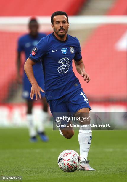 Pedro of Chelsea in action during the FA Cup Semi Final match between Manchester United and Chelsea at Wembley Stadium on July 19, 2020 in London,...