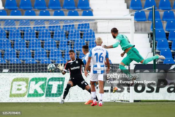 Sergio Ramos of Real Madrid scores a goal during the spanish league, LaLiga, football match played between CD Leganes and Real Madrid at Municipal...