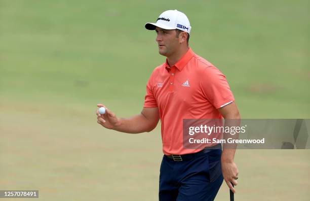 Jon Rahm of Spain reacts on the fourth green during the final round of The Memorial Tournament on July 19, 2020 at Muirfield Village Golf Club in...