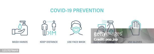 coronavirus covid-19 prevention - icon set. virus vector illustration - protective face mask stock illustrations