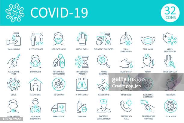 virus covid-19 - thin line icon set. coronavirus vector illustration - covid icons stock illustrations