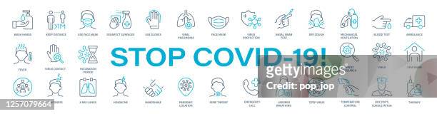 ilustraciones, imágenes clip art, dibujos animados e iconos de stock de ¡deténgase con covid-19! -conjunto de iconos de línea fina de virus. ilustración vectorial de coronavirus - coronavirus