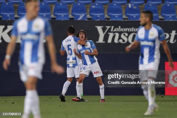 Bryan Gil of Leganes celebrates his team's first goal with teammate Jonathan Silva during the Liga match between CD Leganes and Real Madrid CF at...