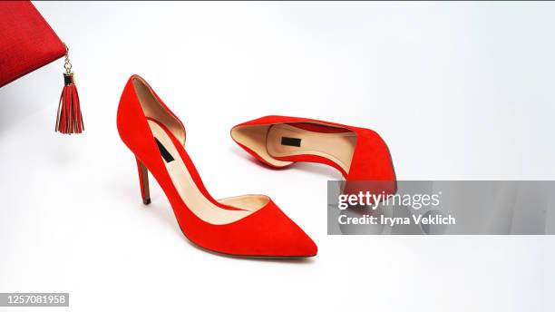 female fashion luxury outfit red shoes on white background. - high heels on white stock pictures, royalty-free photos & images