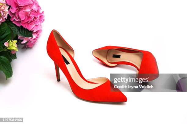 female fashion luxury outfit red shoes and flowers on white background. - red shoe stock-fotos und bilder