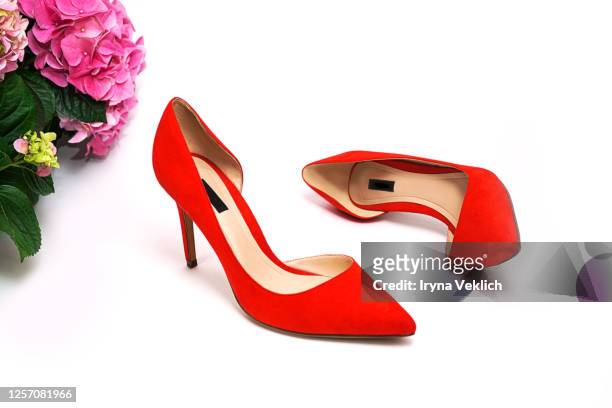 female fashion luxury outfit red shoes and flowers on white background. - red shoe stockfoto's en -beelden