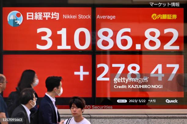People pass an electronic board showing the closing numbers on the Tokyo Stock Exchange along a street in Tokyo on May 22, 2023.
