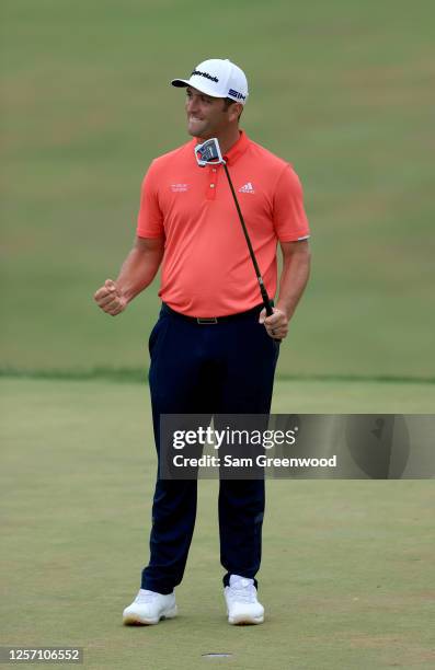 Jon Rahm of Spain celebrates on the 18th green after winning during the final round of The Memorial Tournament on July 19, 2020 at Muirfield Village...