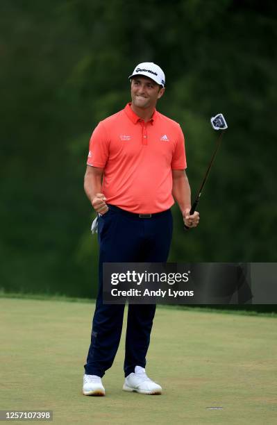 Jon Rahm of Spain celebrates on the 18th green after winning during the final round of The Memorial Tournament on July 19, 2020 at Muirfield Village...