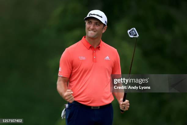 Jon Rahm of Spain celebrates on the 18th green after winning during the final round of The Memorial Tournament on July 19, 2020 at Muirfield Village...