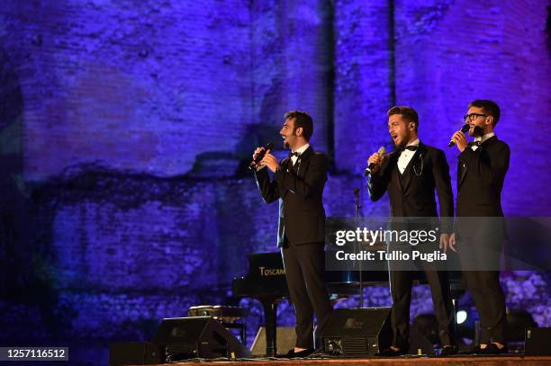 Ignazio Boschetto, Gianluca Ginoble and Piero Barone of Il Volo performduring the closing night of the Taormina Film Festival on July 18, 2020 in...