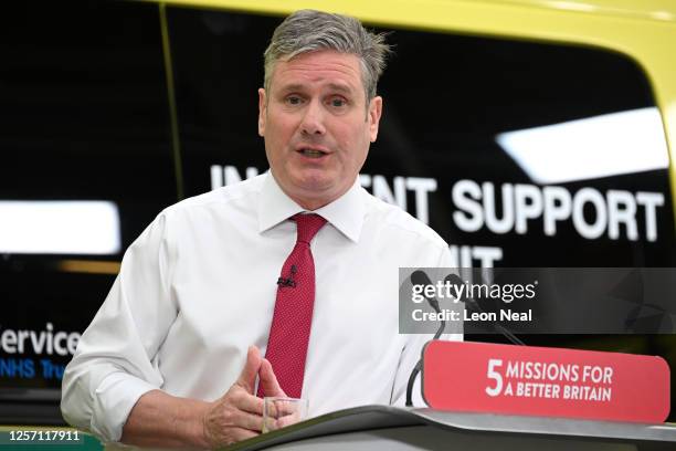 Keir Starmer, Leader of the Labour Party gives a speech announcing the Labour Party's plans for reforming the NHS on May 22, 2023 in Braintree,...