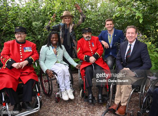 Ade Adepitan, Joanna Lumley, Pete Reed and Frank Gardner pose in Horatio's Garden designed by Charlotte Harris and Hugo Bugg at the RHS Chelsea...