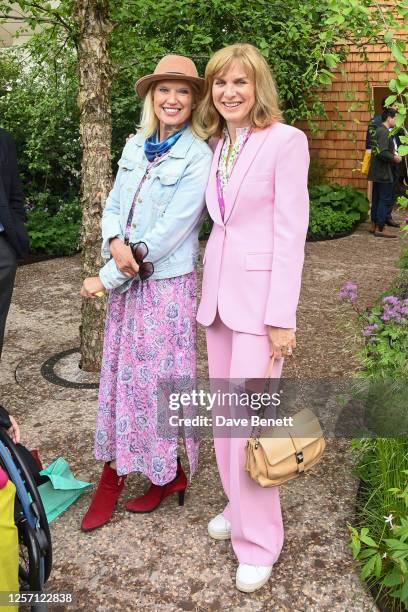 Anneka Rice and Fiona Bruce pose in Horatio's Garden designed by Charlotte Harris and Hugo Bugg at the RHS Chelsea Flower Show 2023 on May 22, 2023...