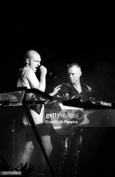 Vince Clarke and Andy Bell of Erasure perform at Madison Square Garden on February 16, 1990 in New York City.