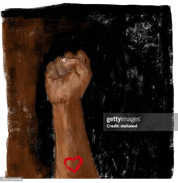 ilustraciones, imágenes clip art, dibujos animados e iconos de stock de puño levantado con corazón. justicia social, protesta, manifestación, sobre fondo negro y marrón. - black power