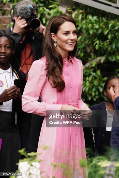 Catherine, Princess of Wales smiles after taking part in the first Children's Picnic at the RHS Chelsea Flower Show, at the Royal Hospital Chelsea on...