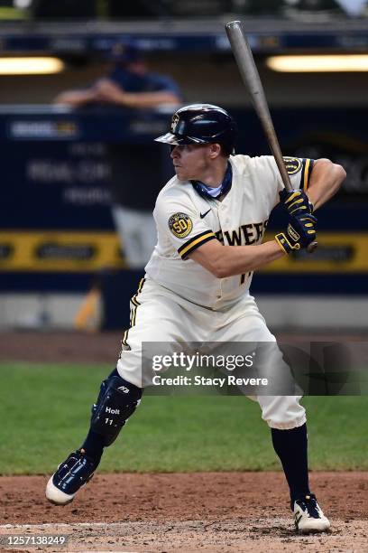 Brock Holt of the Milwaukee Brewers at bat during Summer Workouts at Miller Park on July 19, 2020 in Milwaukee, Wisconsin.