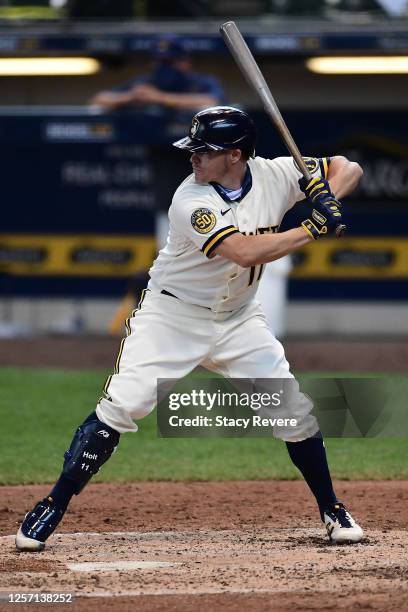 Brock Holt of the Milwaukee Brewers at bat during Summer Workouts at Miller Park on July 19, 2020 in Milwaukee, Wisconsin.