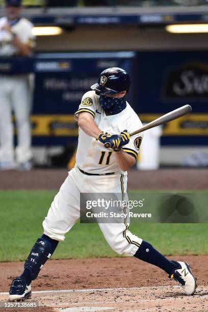 Brock Holt of the Milwaukee Brewers at bat during Summer Workouts at Miller Park on July 19, 2020 in Milwaukee, Wisconsin.