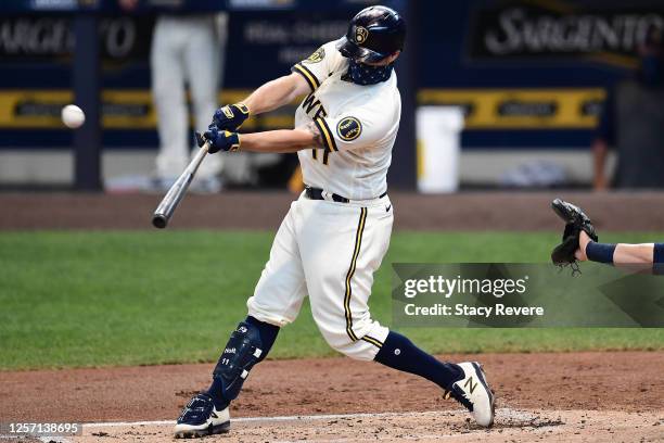 Brock Holt of the Milwaukee Brewers at bat during Summer Workouts at Miller Park on July 19, 2020 in Milwaukee, Wisconsin.