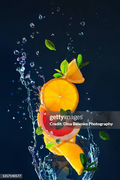 citrus fruit slices with green leaves in a splash of fresh water on a dark backround, summer cocktail concept - splashing cocktail stock pictures, royalty-free photos & images