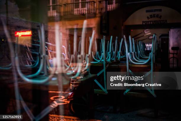 chairs and tables in a closed restaurant - close stock pictures, royalty-free photos & images